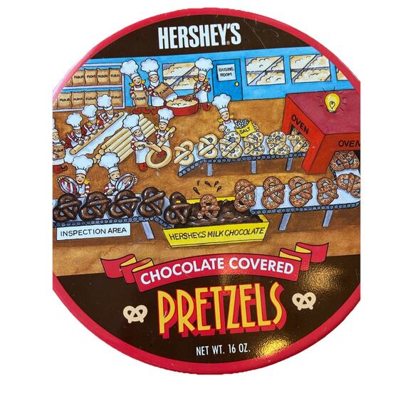 VTG 90s TIN Holiday Fun Hershey's American Chocolate Covered Pretzels Round Tin - Picture 2 of 8